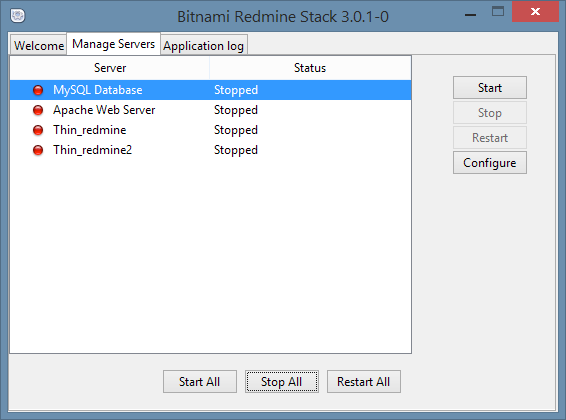 Bitnami Redmine Stack, остановка всех серверов