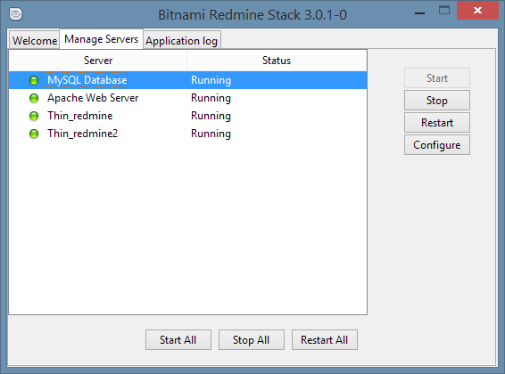 Bitnami Redmine Stack, запущенные сервера