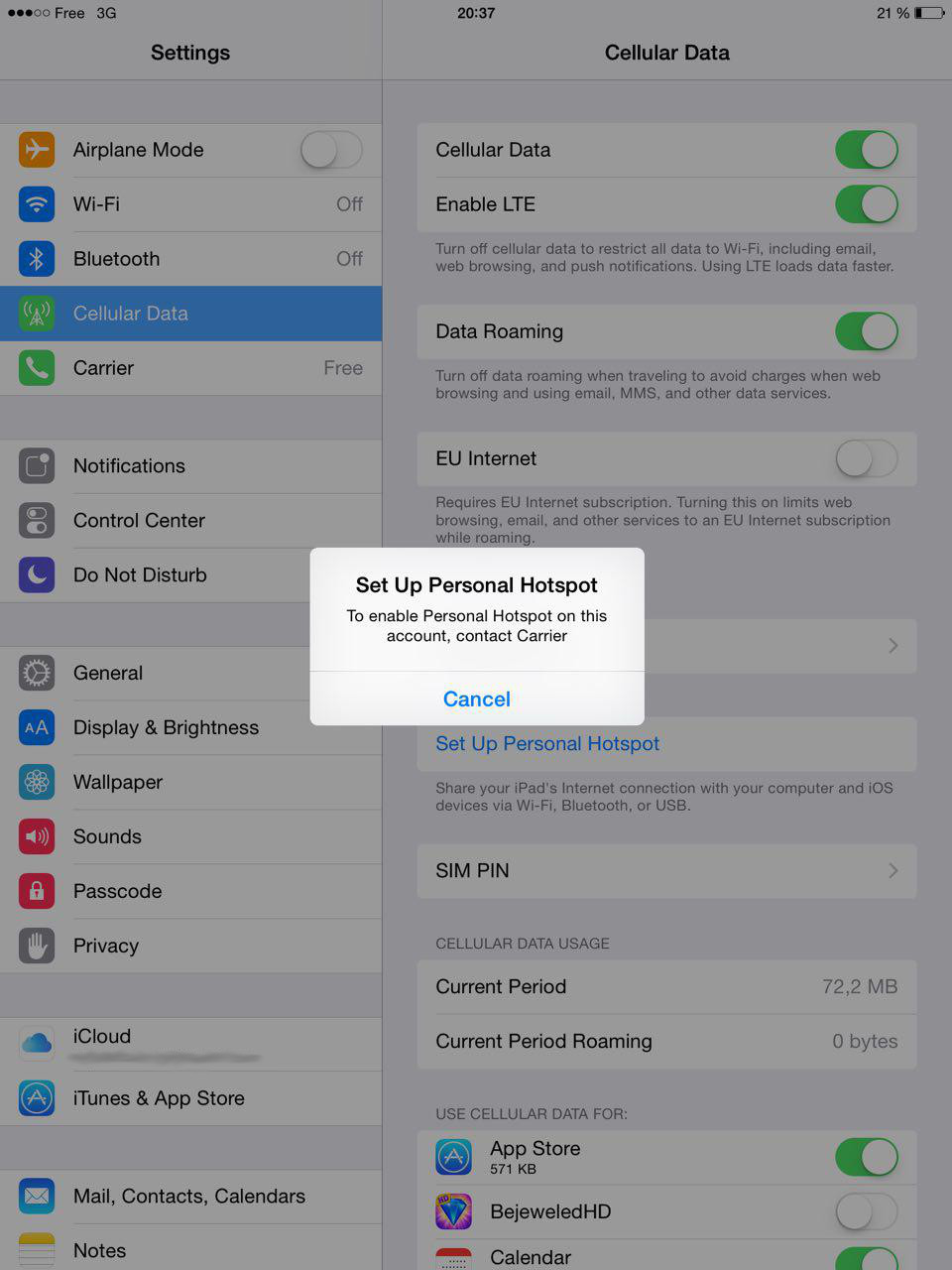 Заблокированный Personal Hotspot на iPad
