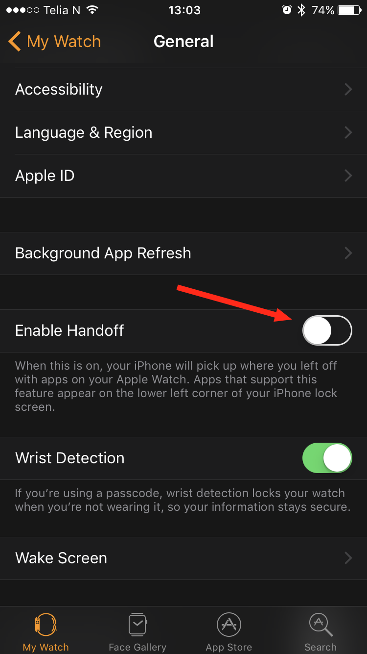 Handoff on Apple Watch disabled