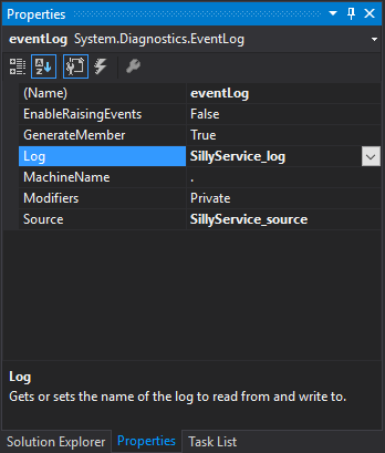 Visual Studio - EventLog Properties