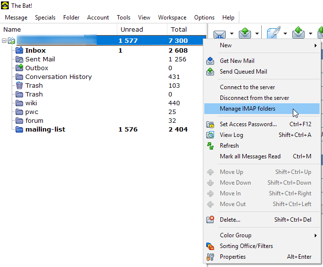 The Bat Manage IMAP folders