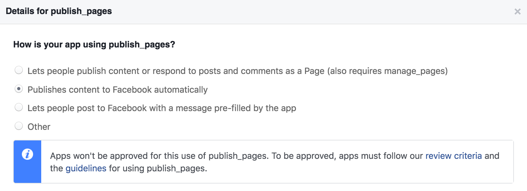Facebook no approve for publishing
