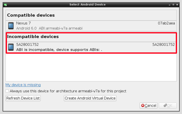 Qt Android ABI incompatible