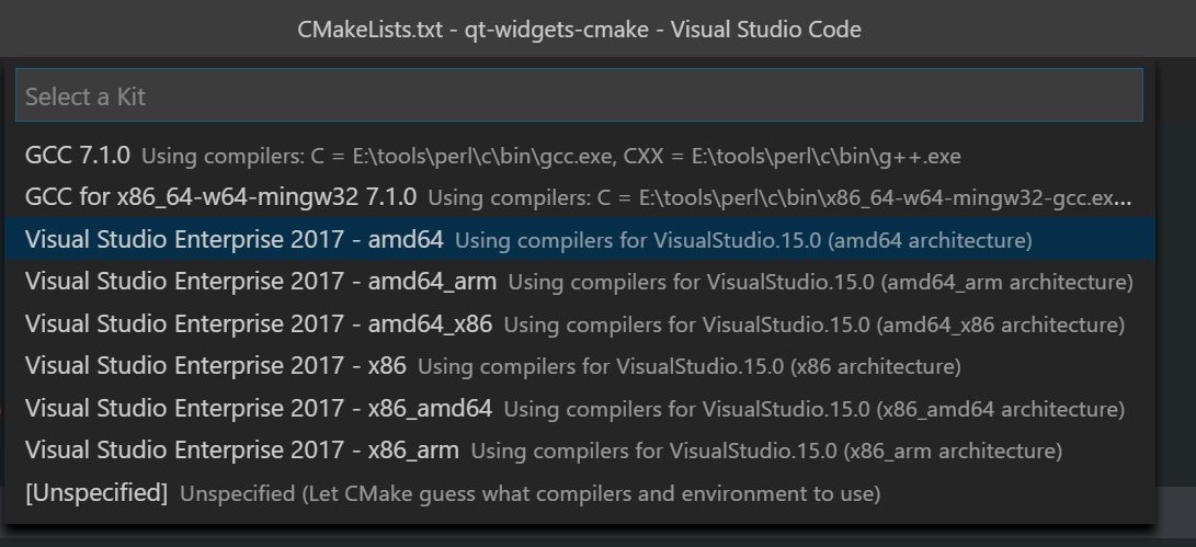 Visual Studio Code, choosing kit on Windows