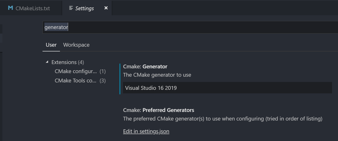 Visual Studio Code, CMake generator