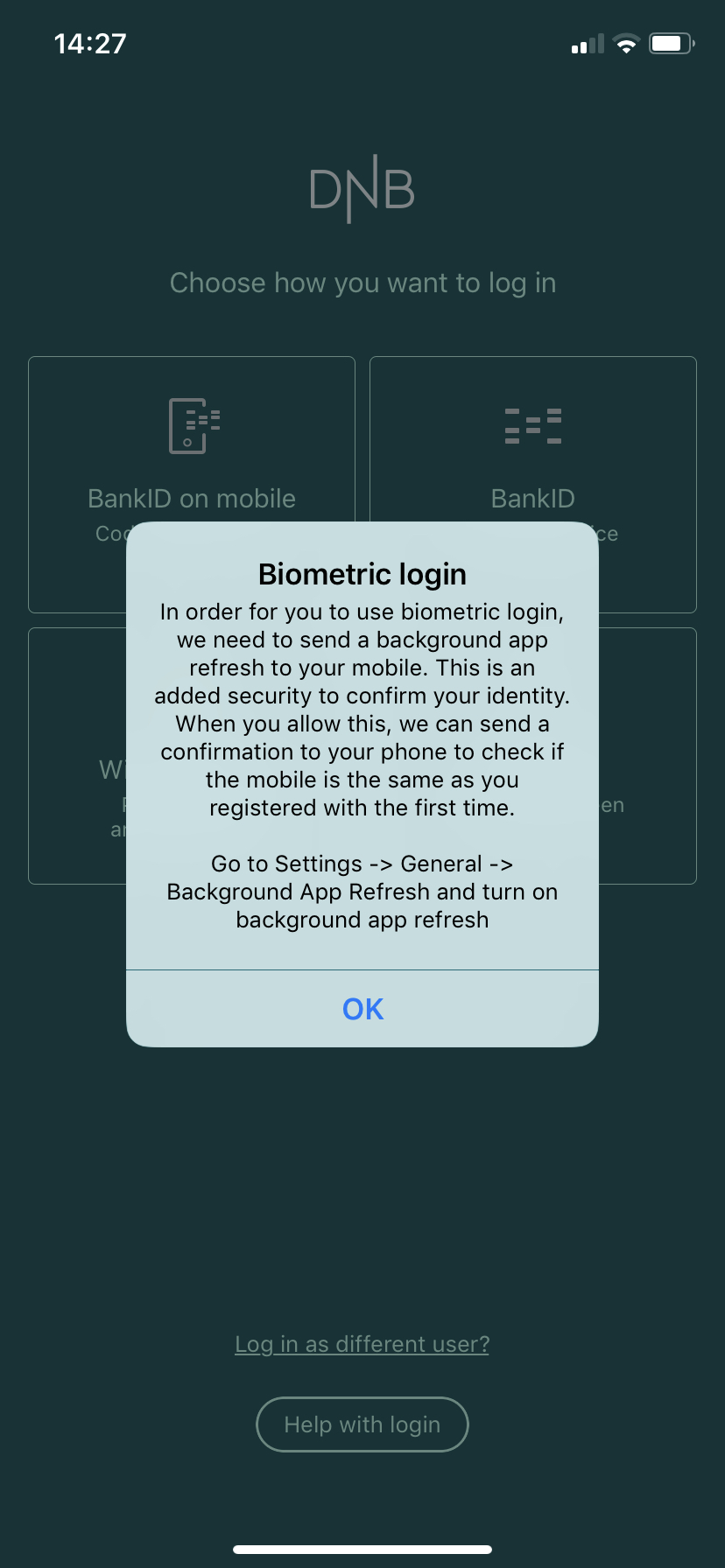 DNB, Face ID requires Background App Refresh