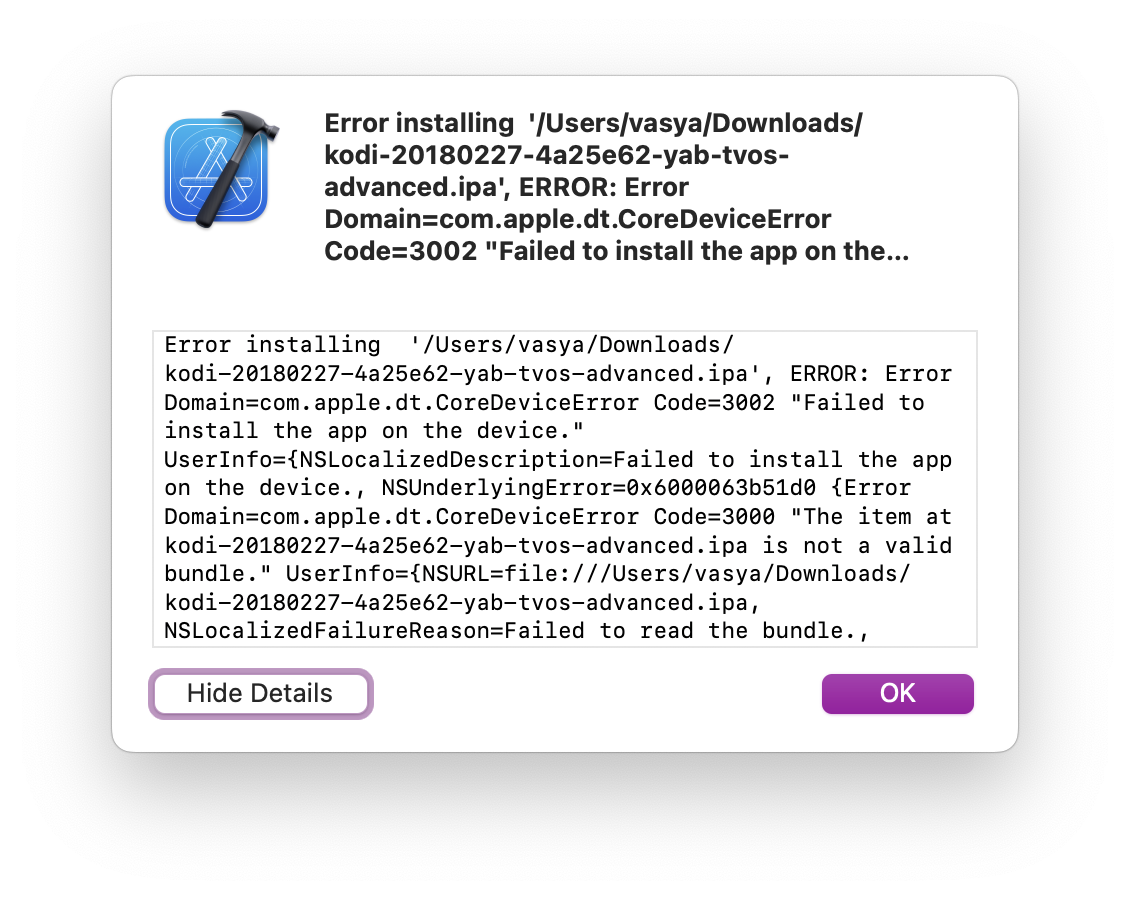Apple TV, Xcode failed to install, not a valid bundle