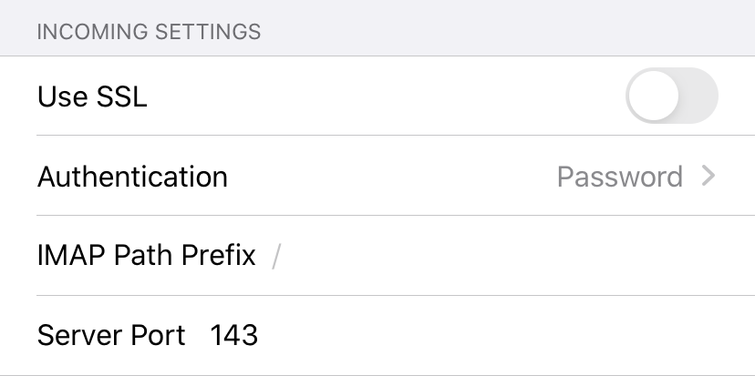 iOS, e-mail IMAP settings