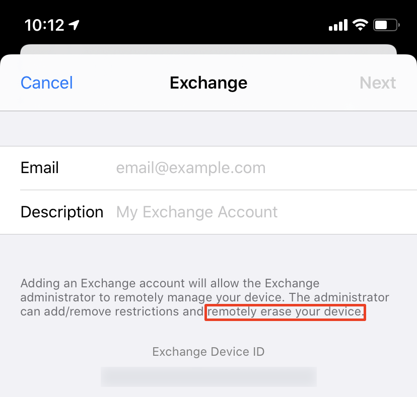 iOS Exchange warning