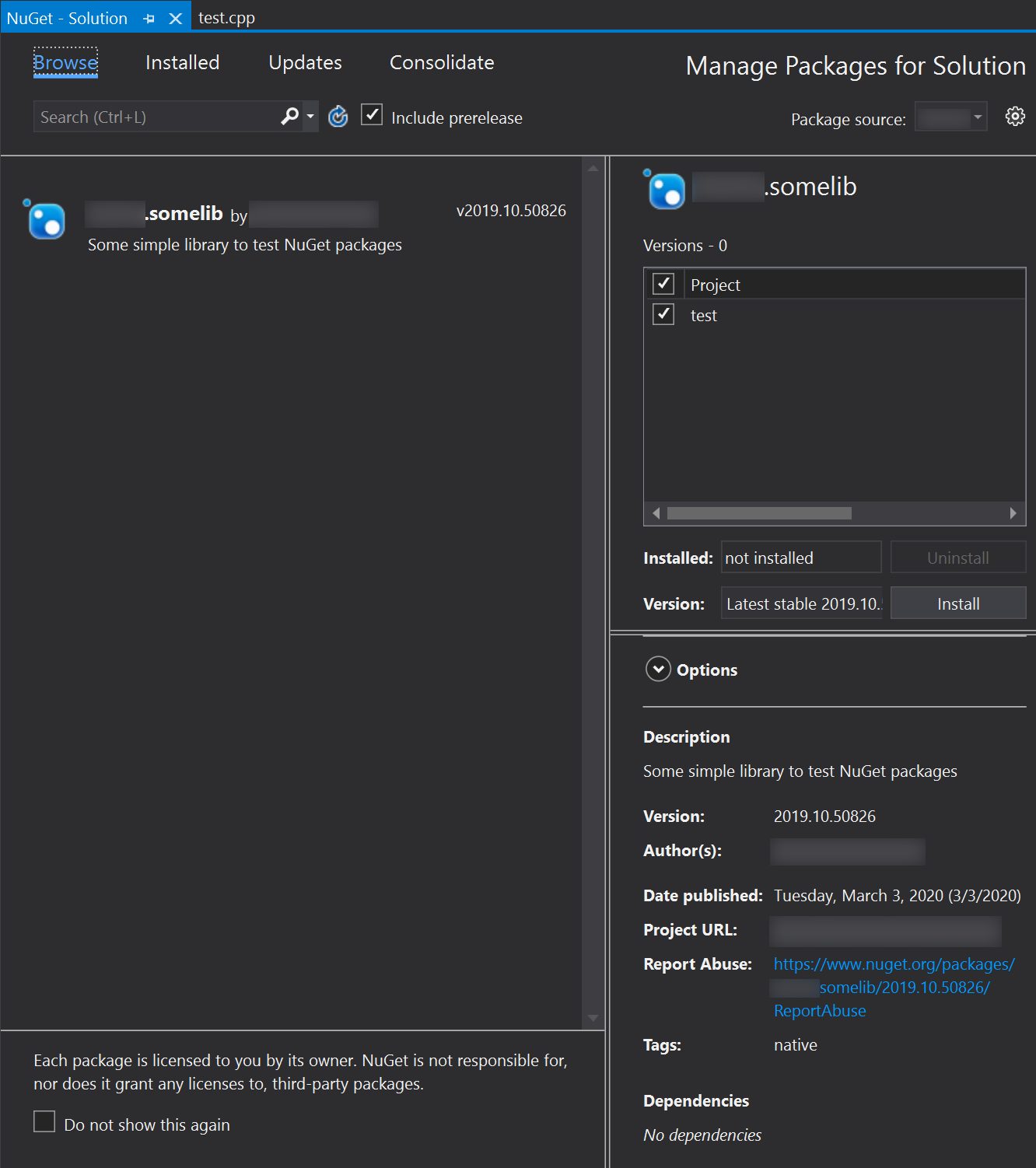 Visual Studio, installing NuGet package