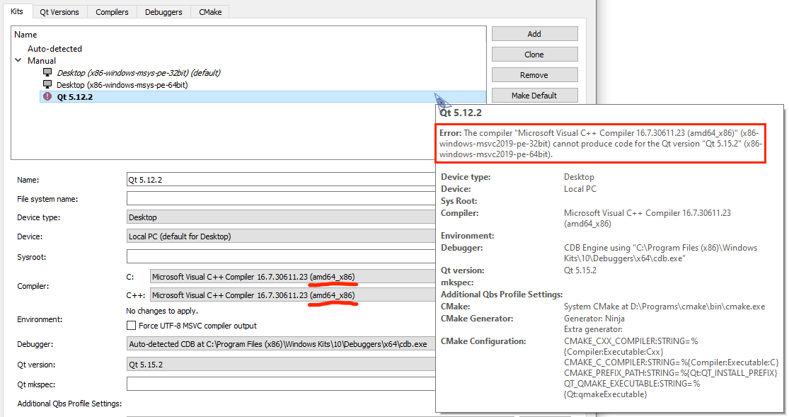 Qt Creator, kit has wrong compiler