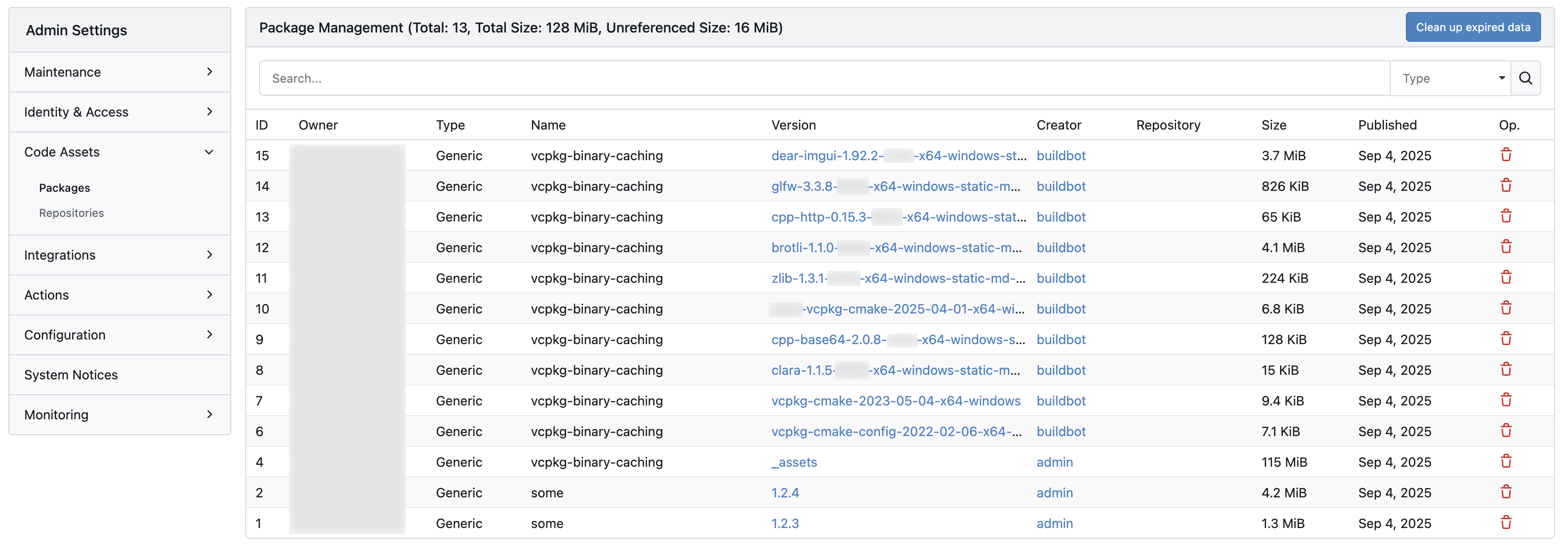 Gitea, vcpkg caching packages in admin view