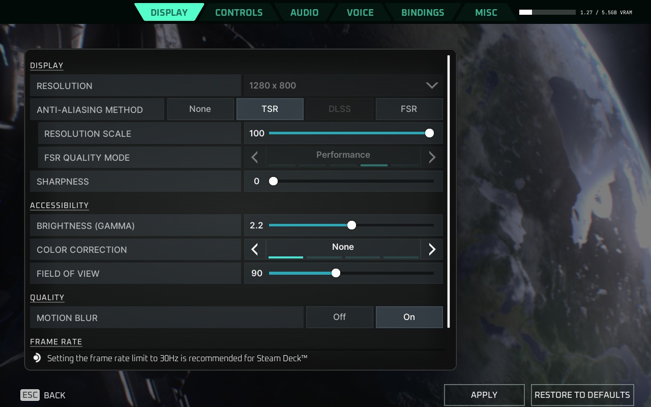 Deadzone Rogue settings, SteamDeck environment variable is set