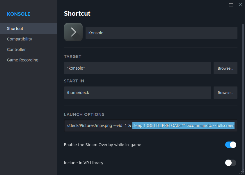 Steam Deck, Konsole launch options with mpv