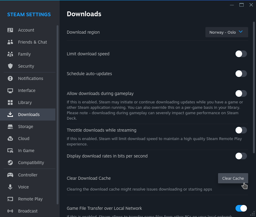 Steam settings, Downloads, clear cache