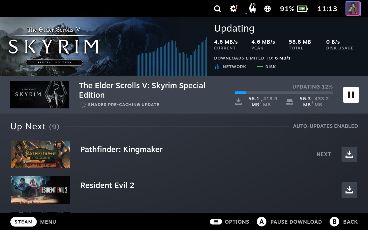 Steam Deck, Skyrim pre-caching update