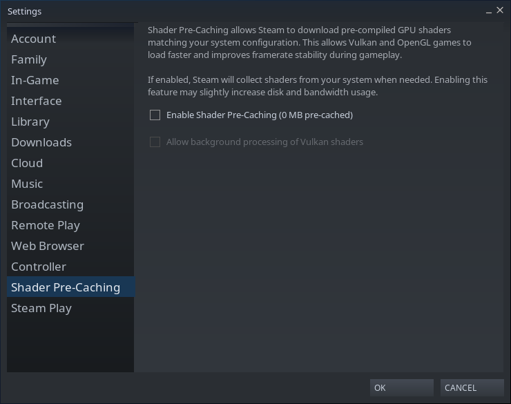 Steam, disabled disable shader pre-caching