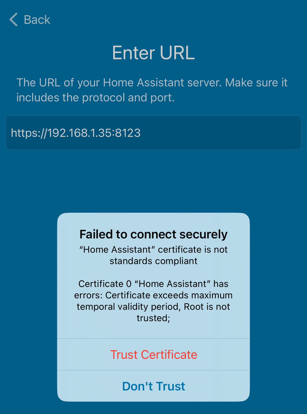 Home Assistant application, untrusted certificate