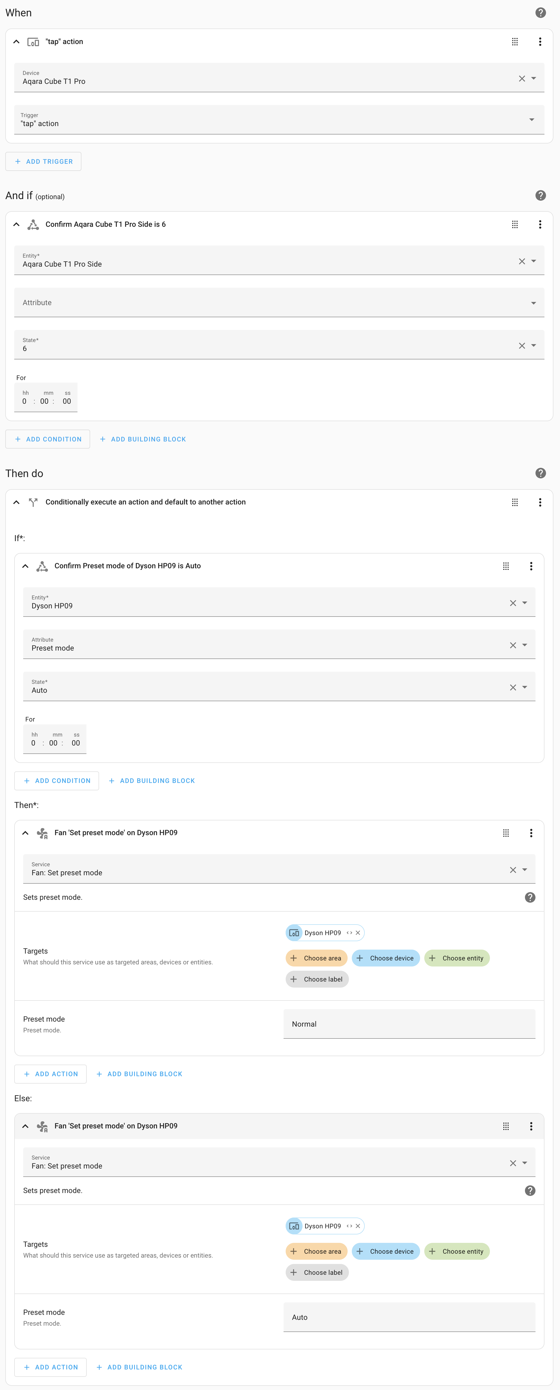 Aqara Cube automation, toggling Dyson mode