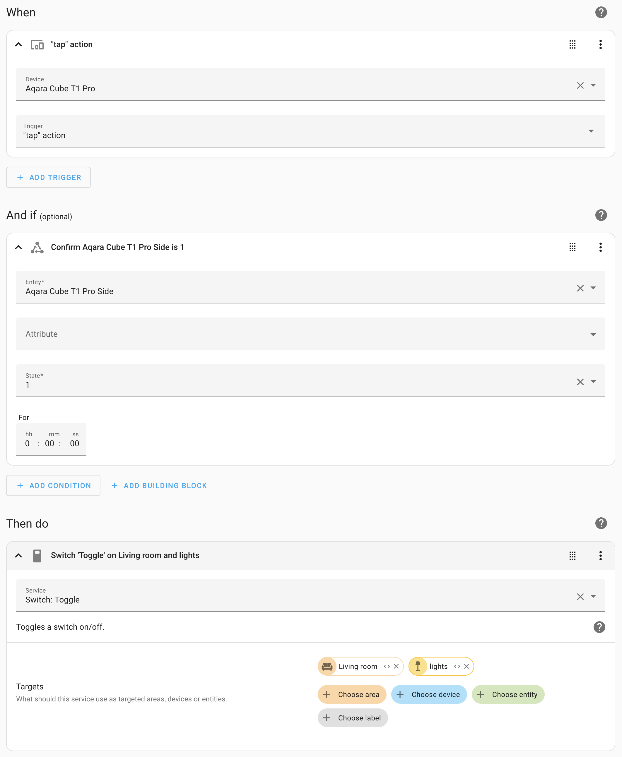 Aqara Cude automation for toggling lights