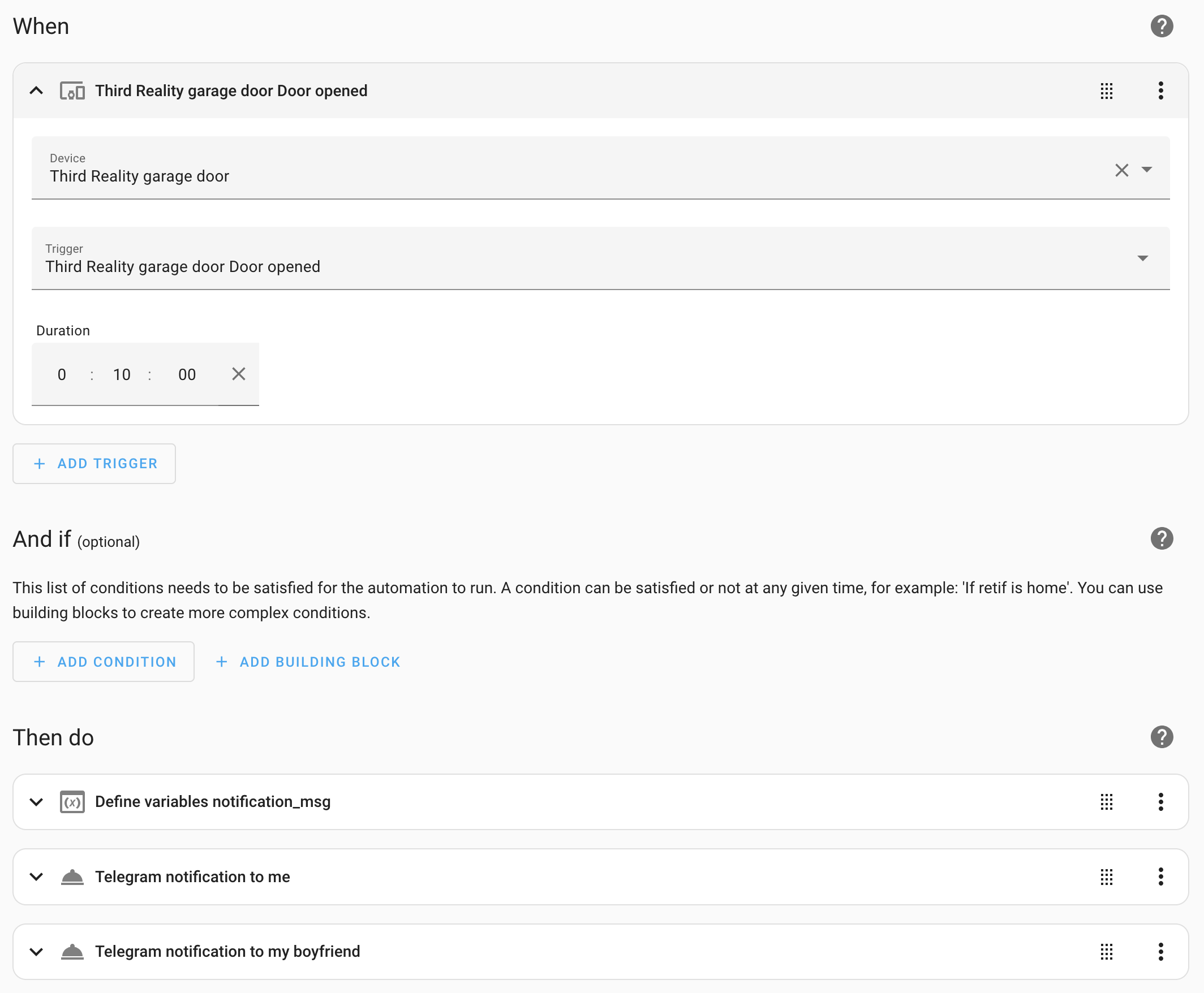 Home Assistant, automation for garage door being open with a Telegram notification
