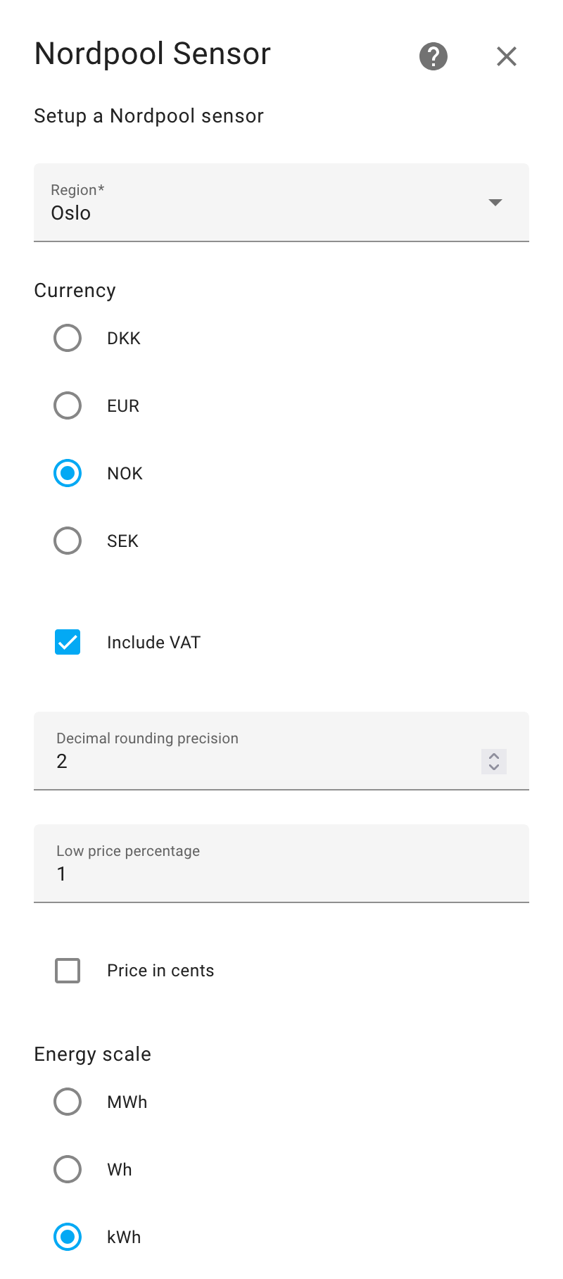 Home Assistant, Nord Pool integration configuration