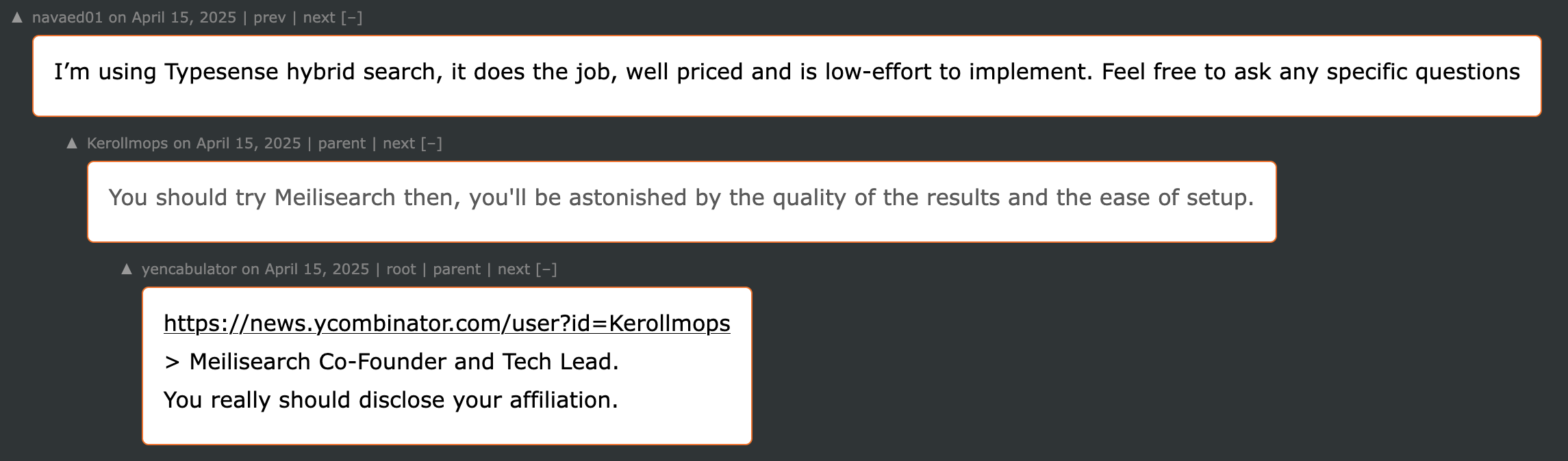 Meilisearch pushing their product on Hacker News