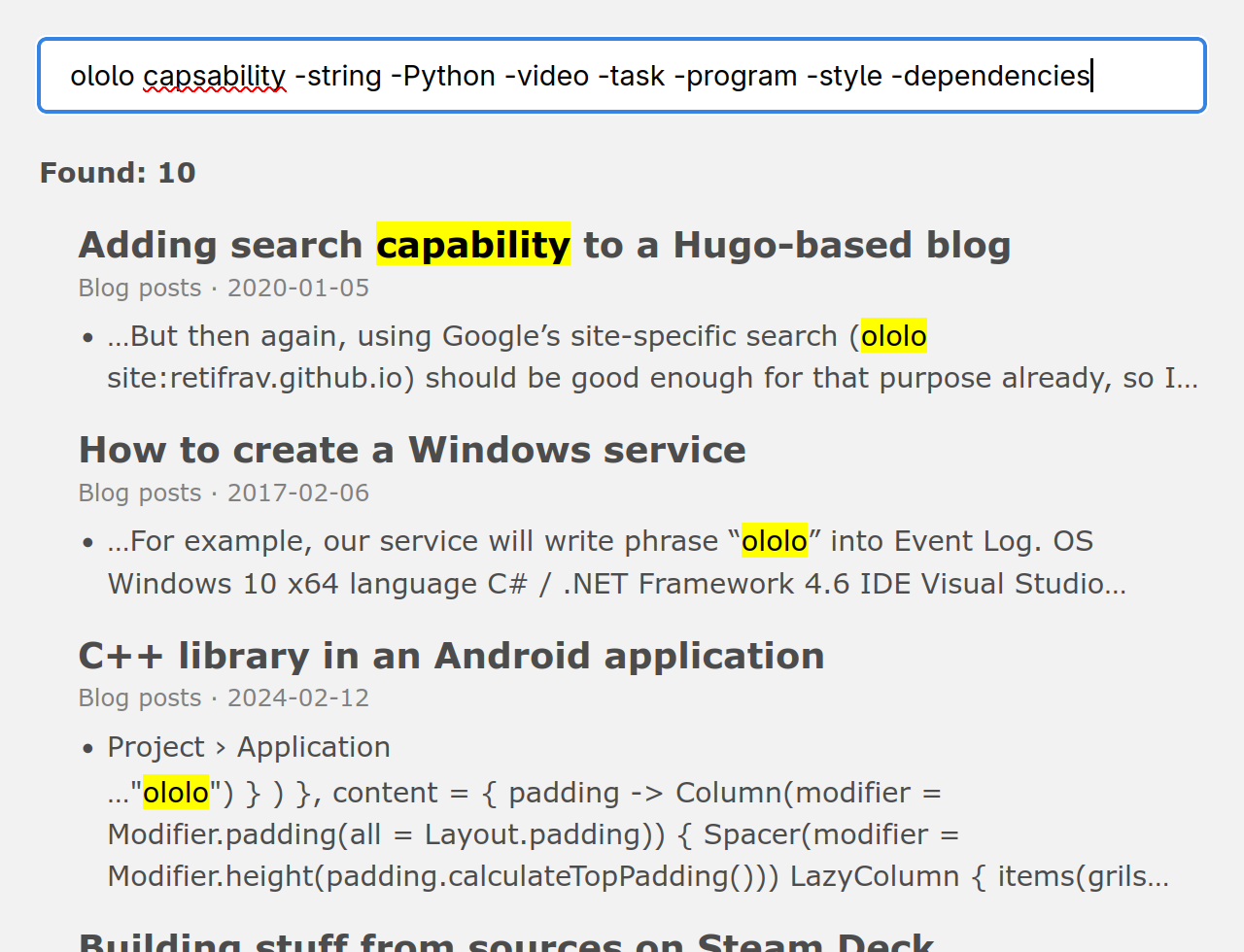 Search query and results from Meilisearch